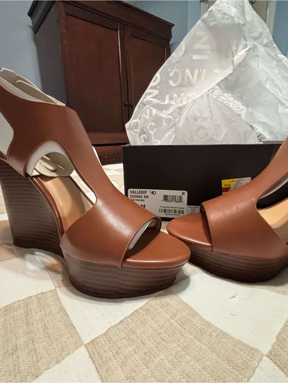 Brand New.   Inc Wedge Platform Sandals in Cognac Brown